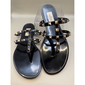 Valentino Garavani Rockstud Women's TStrap Flat Slide Sandals Black Sz 38